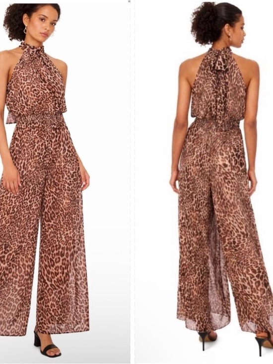 Vince Camuto Pants - Leopard Print Halter Wide-Leg Jumpsuit - Brown